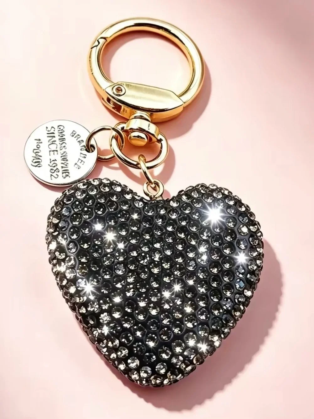Crystal Heart Keychain Bag Charm - Gold Hardware, Black Crystal Heart